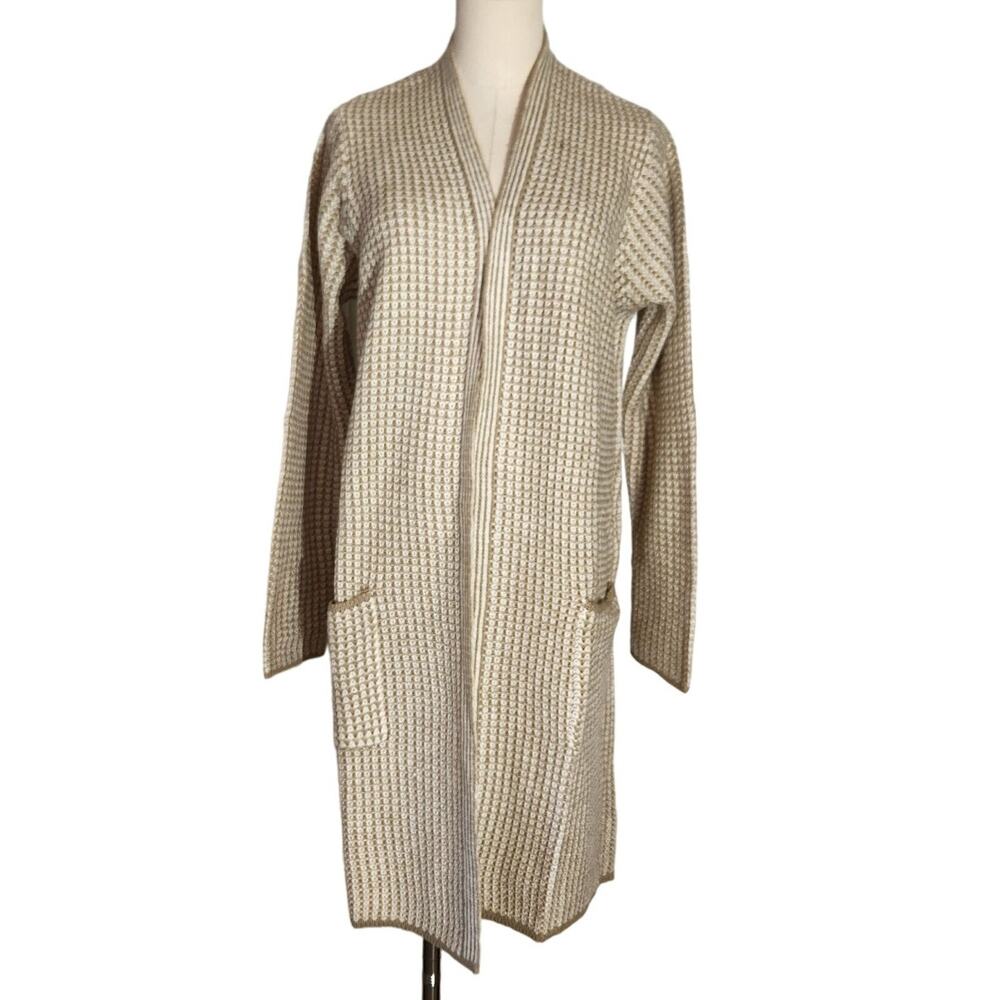Fortune & Ivy White Taupe Striped Long Open Front Duster Cardigan Womens Size L